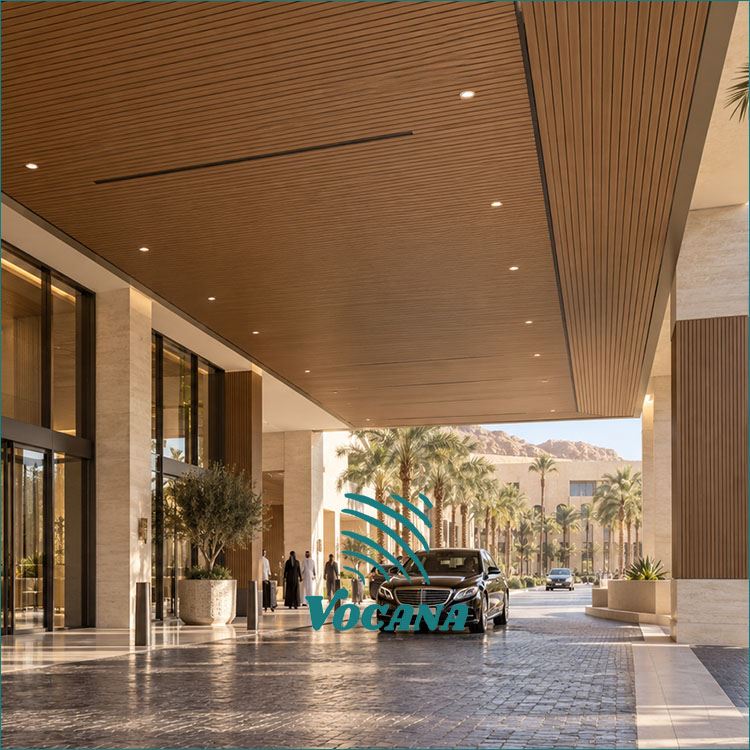 product-1-1 WPC ceiling panels at a Saudi hotel entrance and covered drop-off area